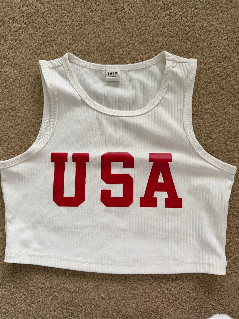 SHEIN White Ribbed Crop Tank with Red USA Lettering